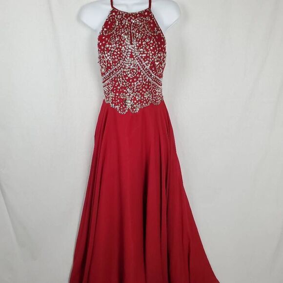 Woman's Small (4-6) Long Burgundy Chiffon Party Prom Gown Dress - Picture 2 of 11